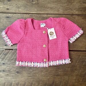 NWT Girls Couture Mia Belle Puff Sleeve Tweed Blazer Pearls Pink Button Gold
